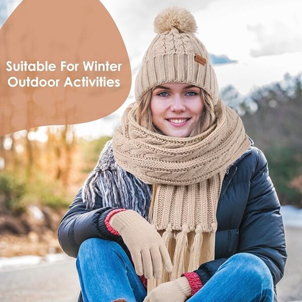 Women Winter Knit Warm Hat Scarf Beanie Gloves Set Pom Fleece Lined Hat with Touchscreen Gloves - Image 2