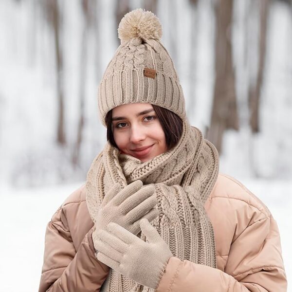 Women Winter Knit Warm Hat Scarf Beanie Gloves Set Pom Fleece Lined Hat with Touchscreen Gloves - Image 3