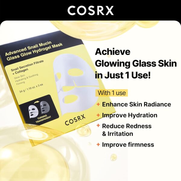 COSRX Advanced Snail Mucin Glass Glow Hydrogel Face Masks Skincare 3 EA, Collagen Face Mask - Image 5