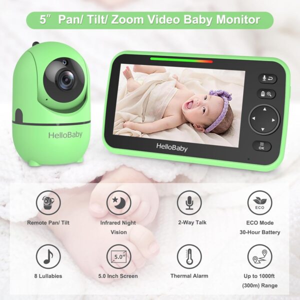 HelloBaby Upgrade Baby Monitor, 5'' Screen with 30-Hour Battery, Pan-Tilt-Zoom Video Baby Monitor with Camera and Audio - Image 5