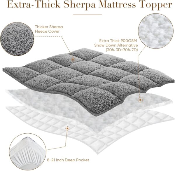 Cymula Pillow Top Mattress Topper Queen, Thick Queen Size Mattress Topper for Back Pain Sherpa Mattress Pillow Top Pad with Plush - Image 2