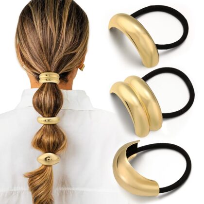 Gold Hair Ties, Metal Hair Ties for Thick Hair, Elegant Durable Geometric Design, Gold Hair Accessories Stretchy and Non-Damage