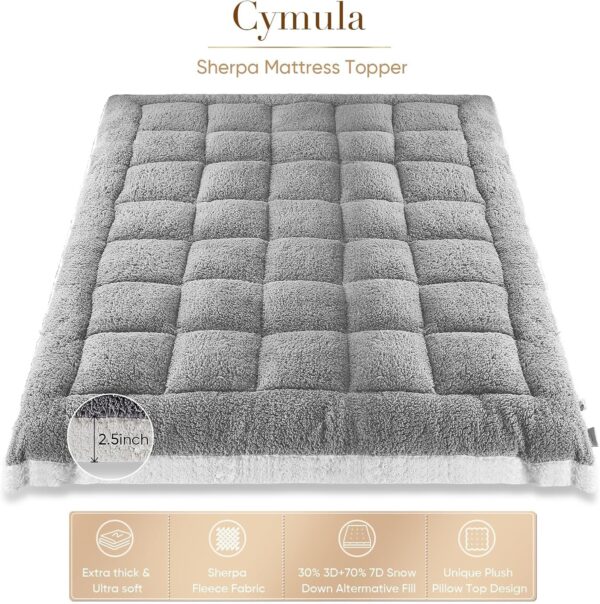 Cymula Pillow Top Mattress Topper Queen, Thick Queen Size Mattress Topper for Back Pain Sherpa Mattress Pillow Top Pad with Plush - Image 4